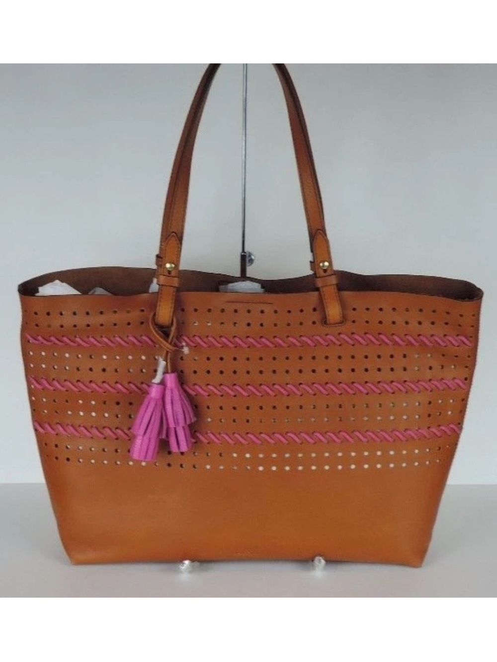 Fossil Women's Tan Leather Tote with Pink Accents gorgeous bag!